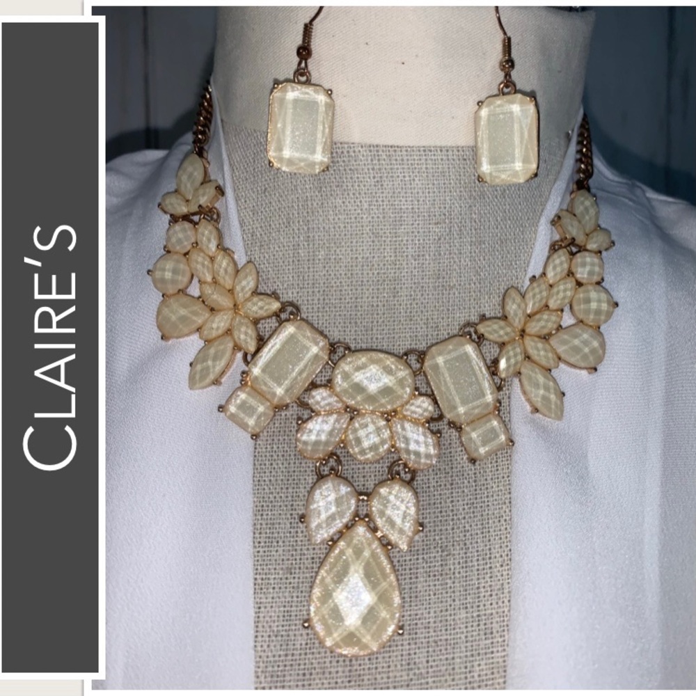 Claire’s Jewelry Set Necklace & Earrings Ivory~Vanilla Stones - Picture 3 of 14